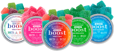 Boost Gummies – full collection of 300mg and 150mg THC and CBD edibles in colourful fruit flavours