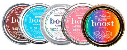 Boost Edibles tin containers – assorted THC and CBD gummy flavours including chocolate, blue raspberry, variety pack, sour watermelon, and rainbow edition