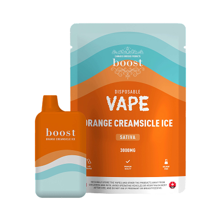 Boost Edibles Disposable Vape – Orange Creamsicle Ice Sativa 300mg with sleek vape pen and resealable pouch