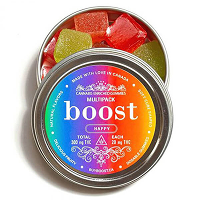 Boost Edibles – tin of assorted THC and CBD Boost Gummies in rainbow variety pack