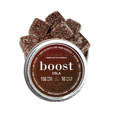 Boost Edibles Cola THC Gummies – handcrafted 150mg tin with sugar-coated cola-flavoured cannabis edibles