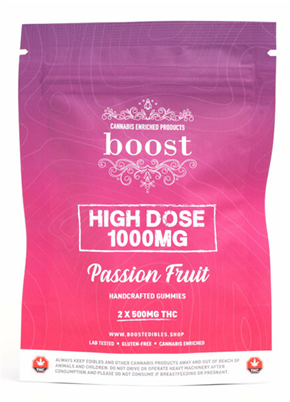 Boost Edibles High Dose Gummies – 1000mg Passion Fruit THC pack with 2 x 500mg handcrafted pieces