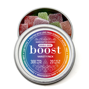 Boost Edibles Variety Pack – 300mg THC tin with assorted double dose fruit gummies