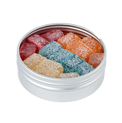 Boost Cannabis gummies – premium cannabis-infused fruit gummies in red, orange, blue and yellow inside a resealable tin