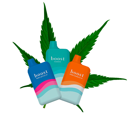 Boost Vape pens – assorted THC disposable vapes including Bubble Skittles Ice, Green Mint and Orange Creamsicle with cannabis leaf