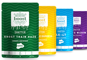 Boost Shatter strains – premium cannabis concentrates in vibrant packaging featuring Ghost Train Haze, Pineapple Express, AK-47 and White Widow