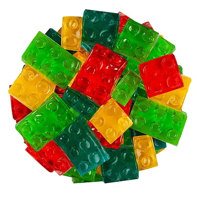 Boost Gummies – vibrant THC and CBD infused gummies shaped like bricks in assorted flavours