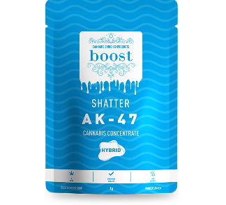 Boost Shatter AK-47 – potent hybrid shatter concentrate with clean blue resealable pouch