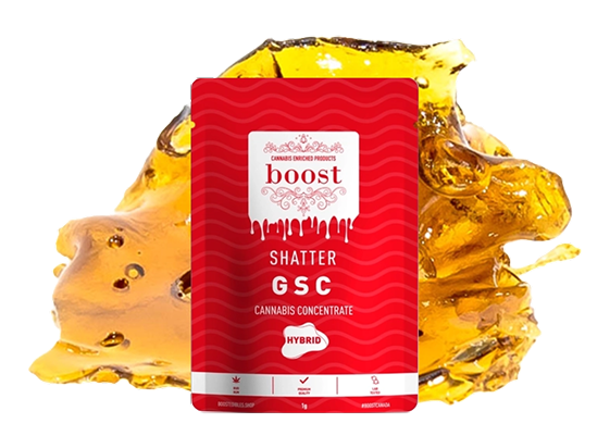Boost Shatter – GSC hybrid cannabis concentrate in red packaging with amber shatter slab