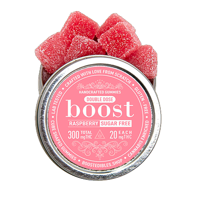 Boost Gummies Raspberry Sugar-Free – 300mg THC double dose edibles with 20mg per piece