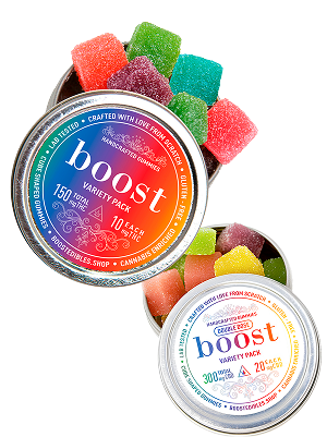 Boost Edibles Variety Pack – THC and CBD gummies in 150mg and 300mg tins with colourful fruit flavours