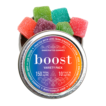 Boost Gummies – 150mg THC variety pack with colourful fruit-flavoured edibles, designed for everyday use