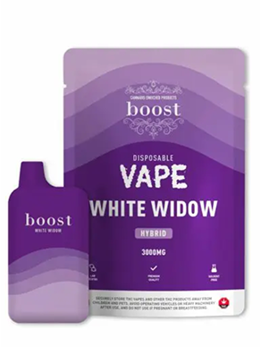 Boost Vape White Widow – 300mg hybrid disposable THC vape in purple resealable pouch