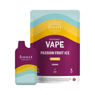 Boost Vape Passion Fruit Ice – 300mg hybrid THC disposable vape with tropical flavour and colourful pouch